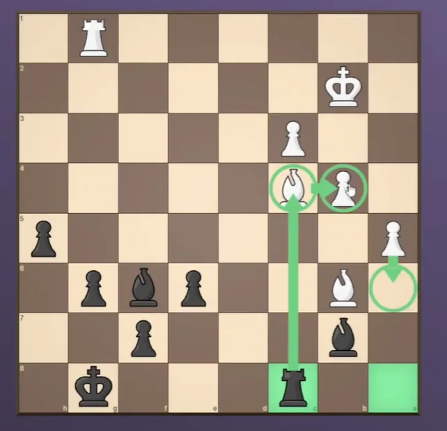 Noctie game with the hint feature on: green arrows on the board show the suggested bishop move and pawn advance